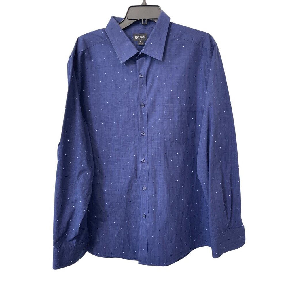Haggar Shirt Size XL Polka Dot Button Front Long Sleeve Blue Formal Office Wear